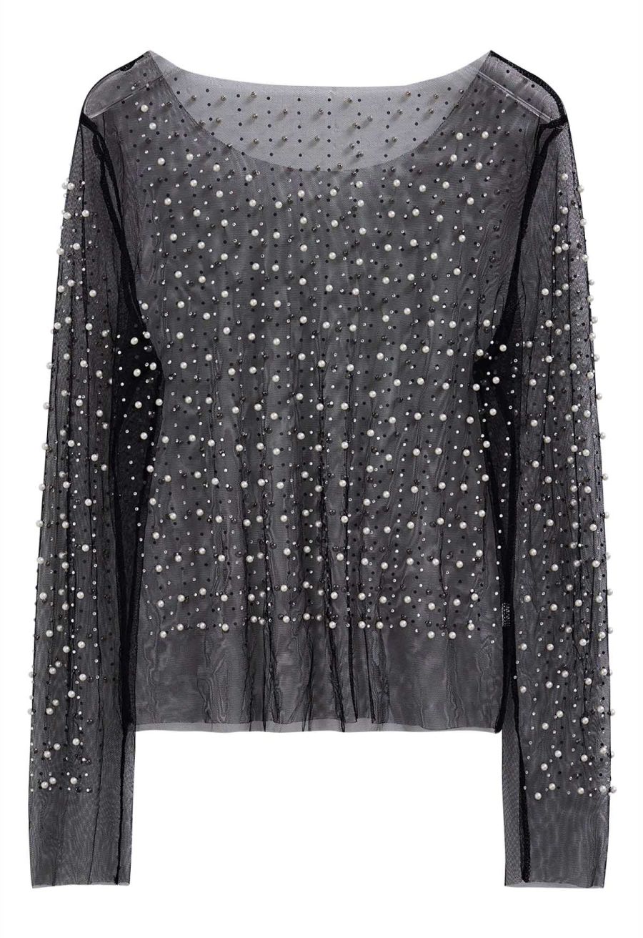 Full Pearl Embellished Sheer Mesh Top in Black
