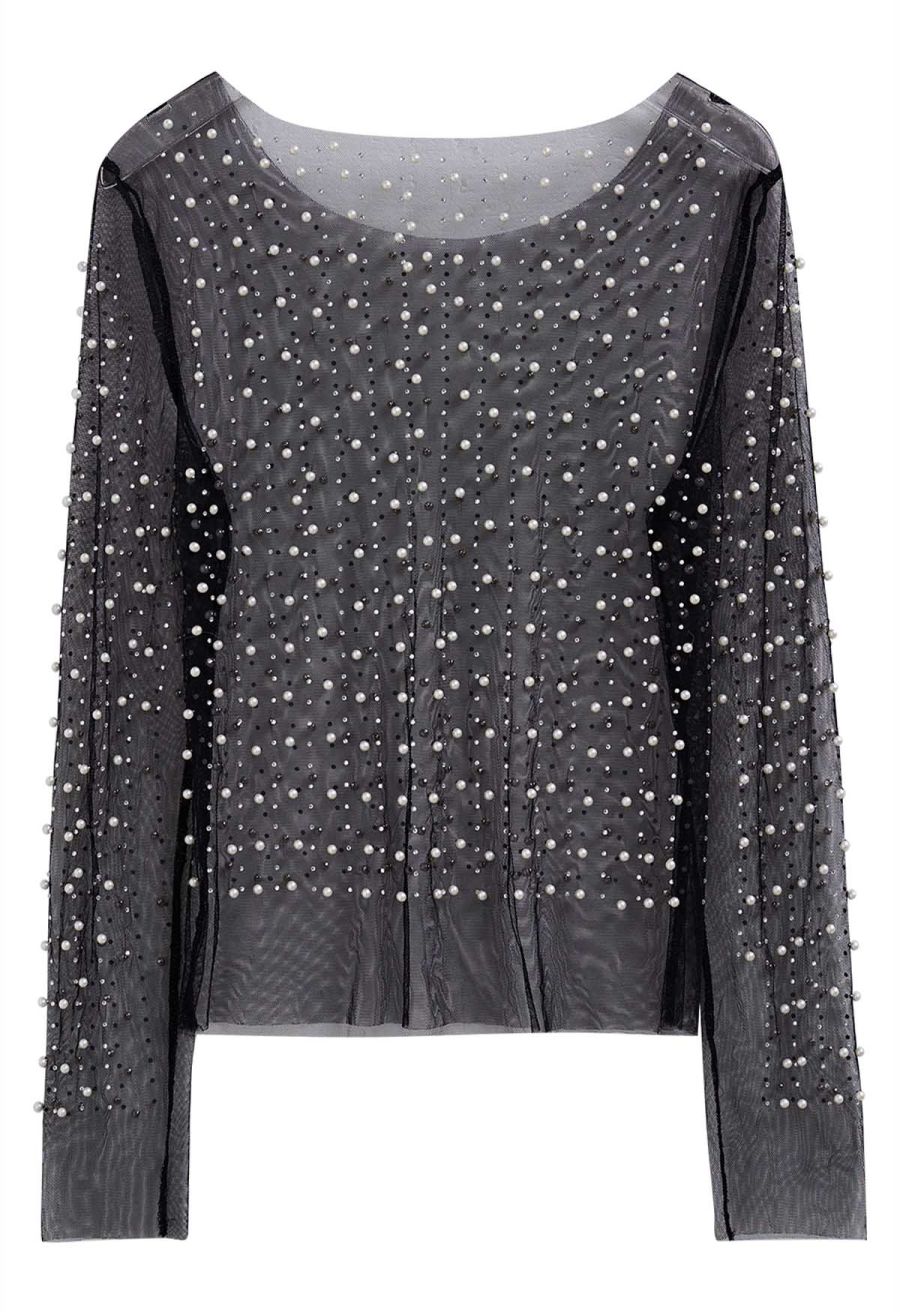 Full Pearl Embellished Sheer Mesh Top in Black