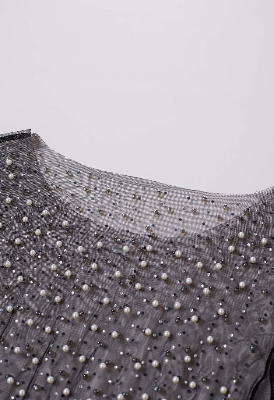 Full Pearl Embellished Sheer Mesh Top in Black
