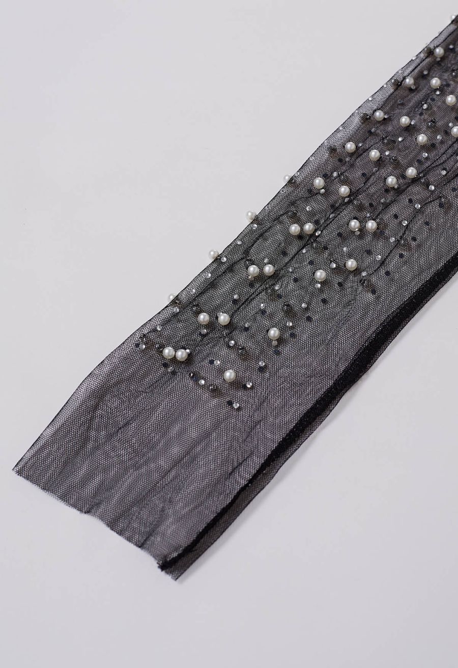 Full Pearl Embellished Sheer Mesh Top in Black