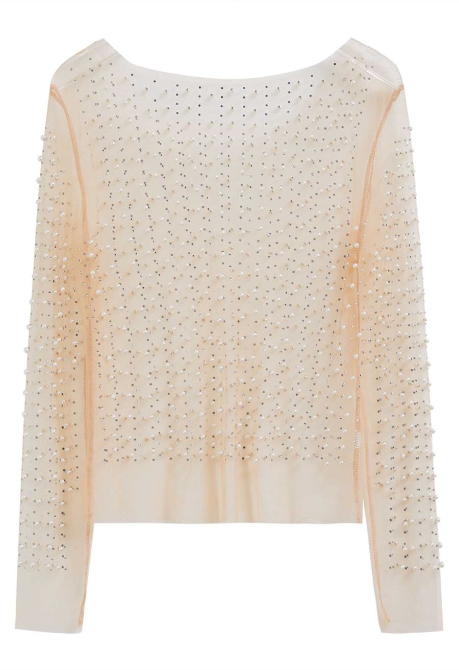 Full Pearl Embellished Sheer Mesh Top in Tan