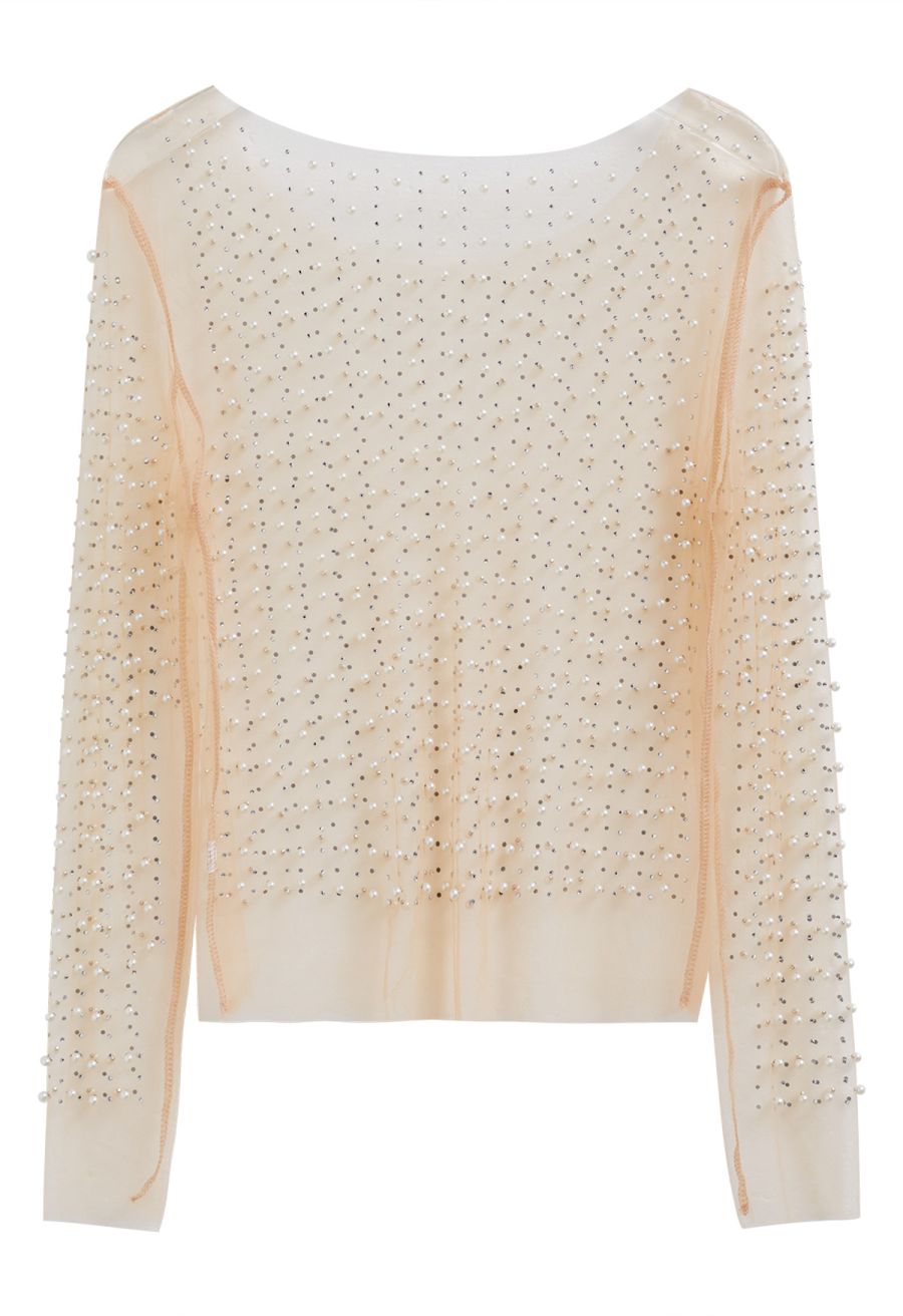 Full Pearl Embellished Sheer Mesh Top in Tan