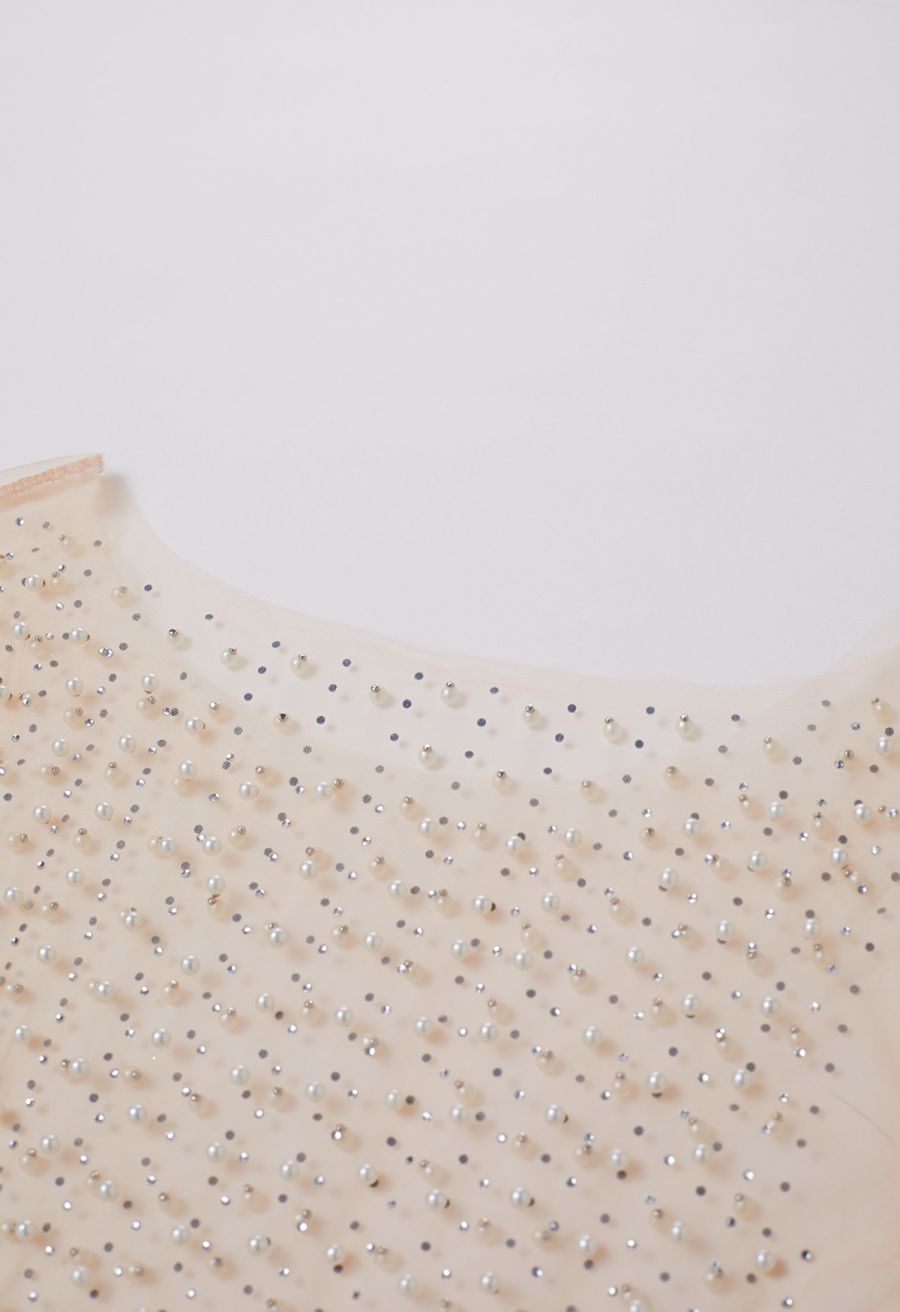 Full Pearl Embellished Sheer Mesh Top in Tan