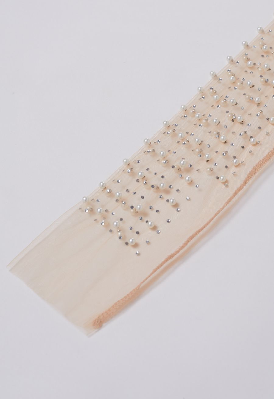 Full Pearl Embellished Sheer Mesh Top in Tan