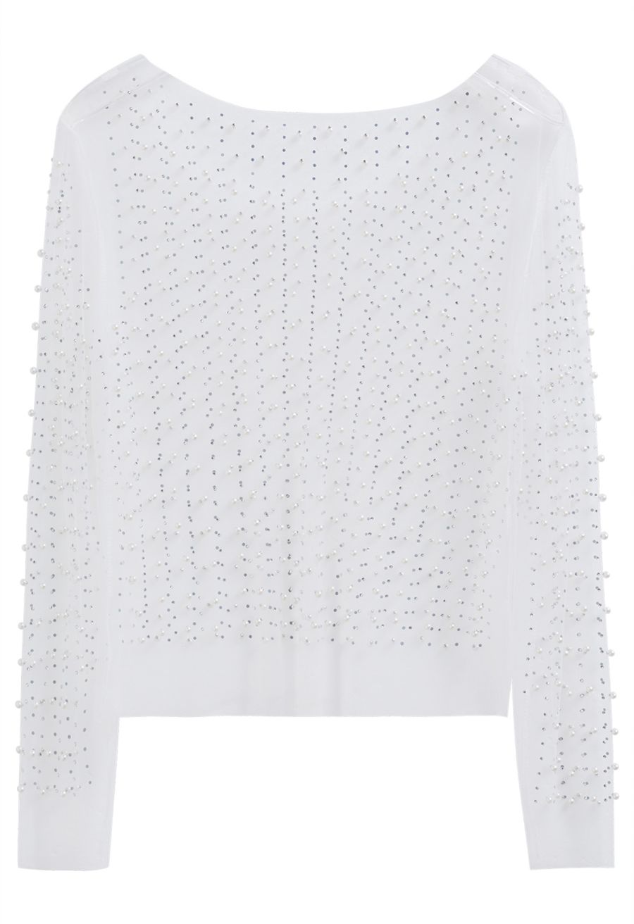 Full Pearl Embellished Sheer Mesh Top in White