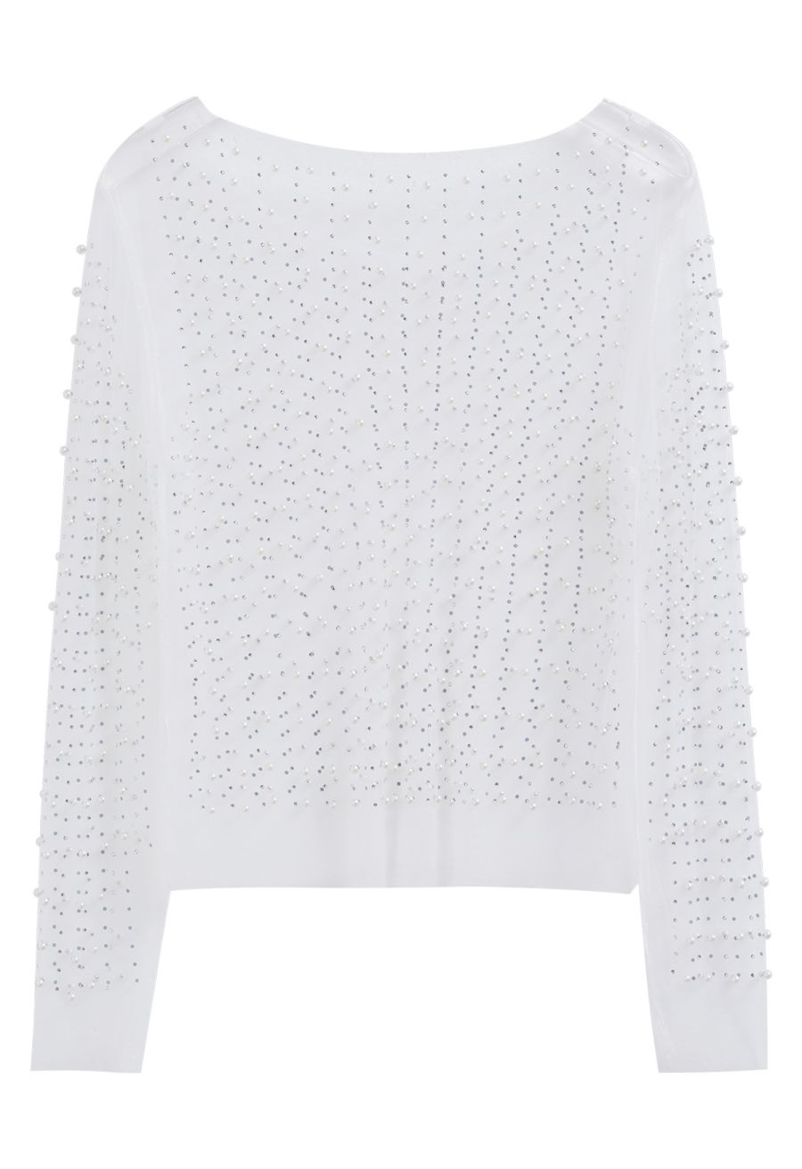 Full Pearl Embellished Sheer Mesh Top in White