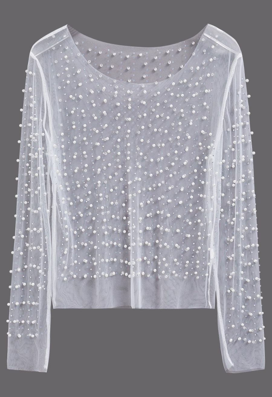 Full Pearl Embellished Sheer Mesh Top in White