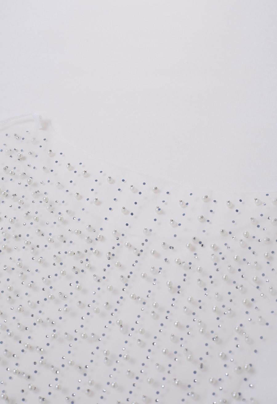 Full Pearl Embellished Sheer Mesh Top in White