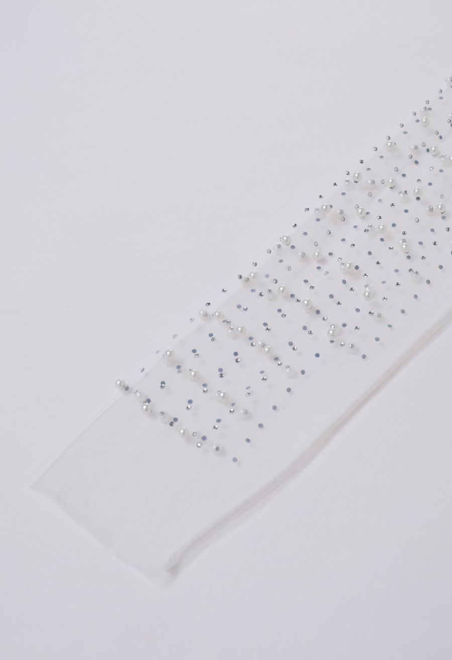 Full Pearl Embellished Sheer Mesh Top in White