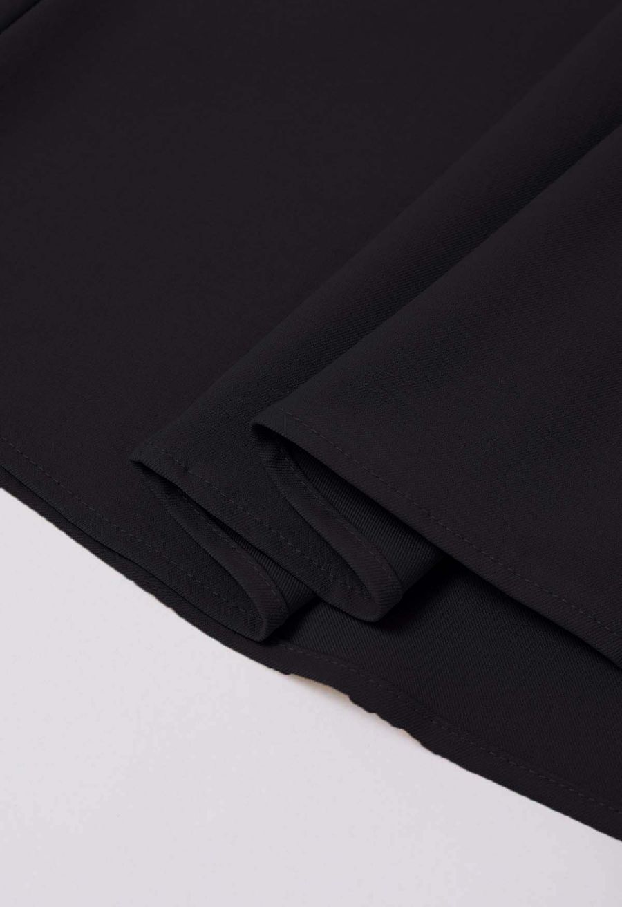 Button Embellished Waist Pleated Midi Skirt in Black