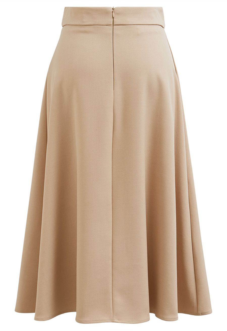 Button Embellished Waist Pleated Midi Skirt in Sand