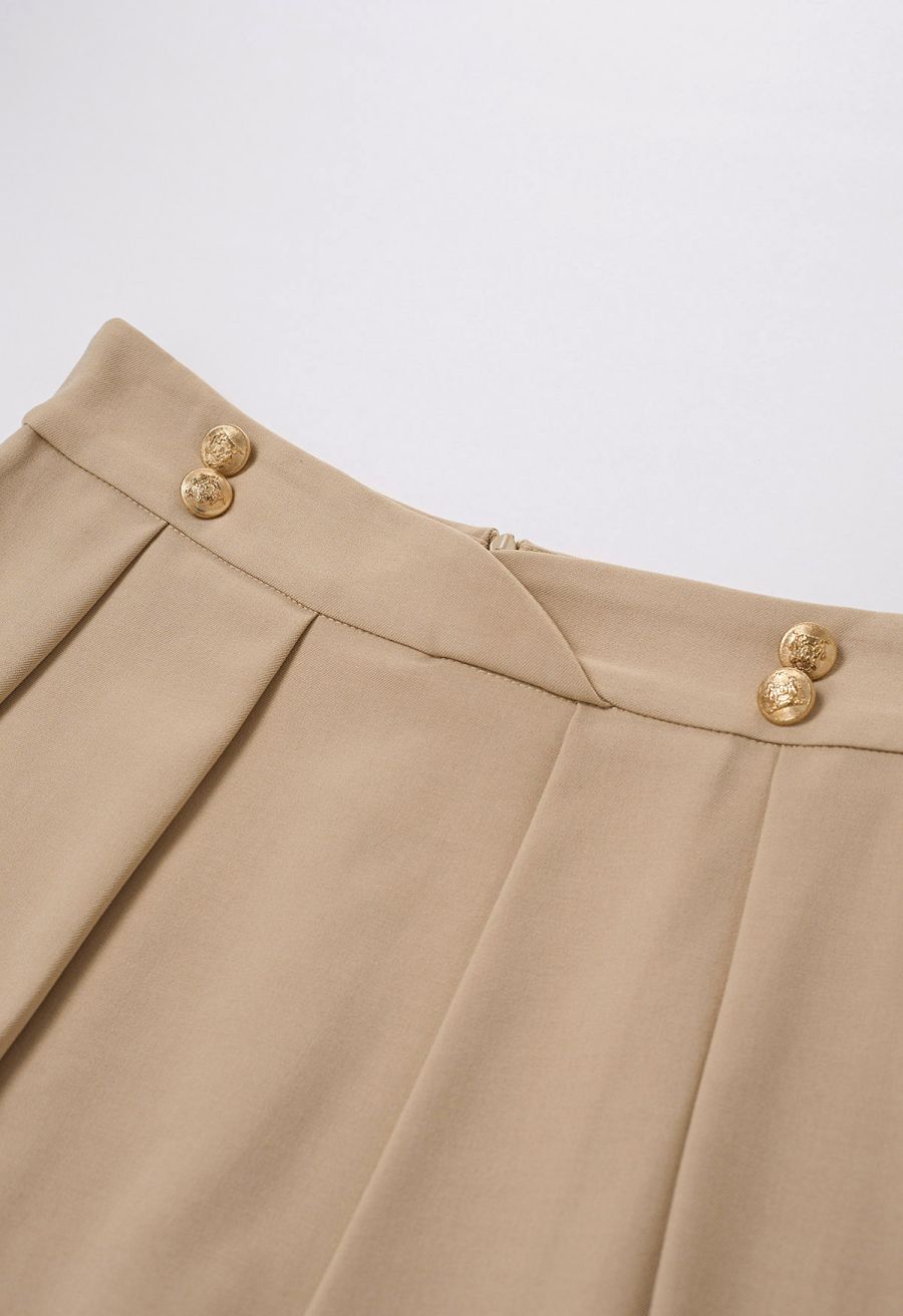 Button Embellished Waist Pleated Midi Skirt in Sand
