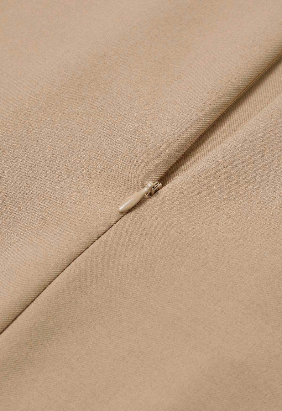 Button Embellished Waist Pleated Midi Skirt in Sand
