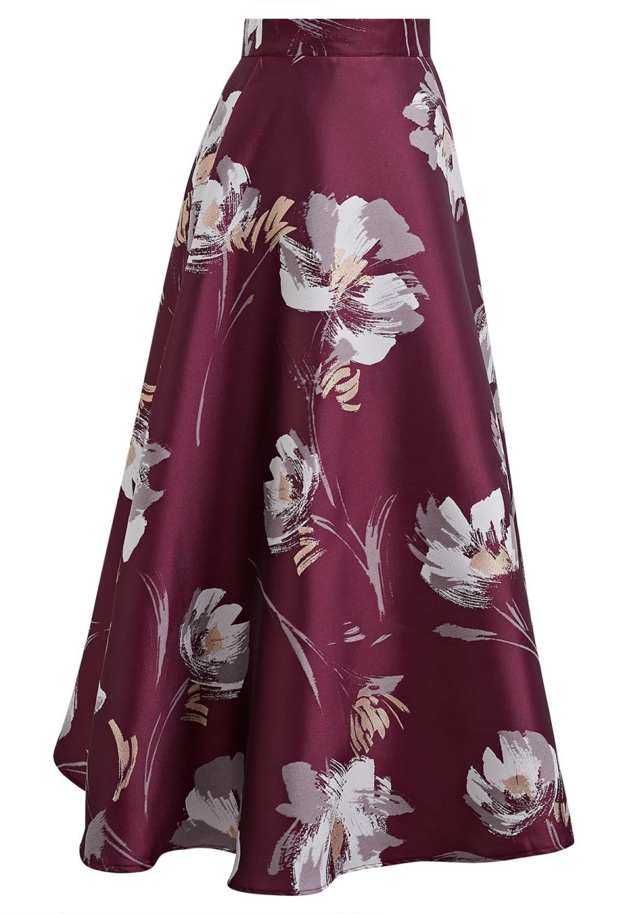 Blooming Floral Jacquard Maxi Skirt in Burgundy