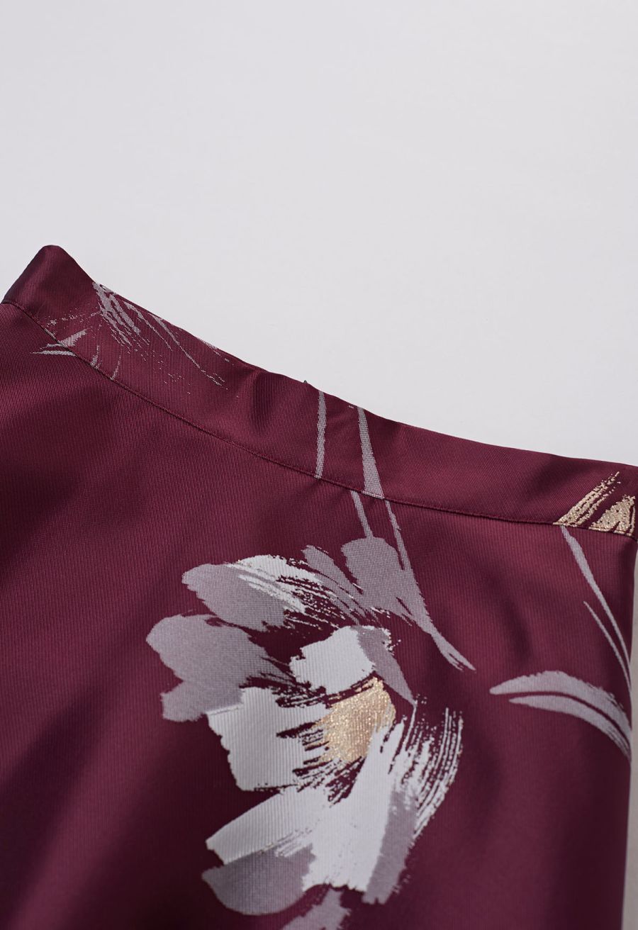Blooming Floral Jacquard Maxi Skirt in Burgundy