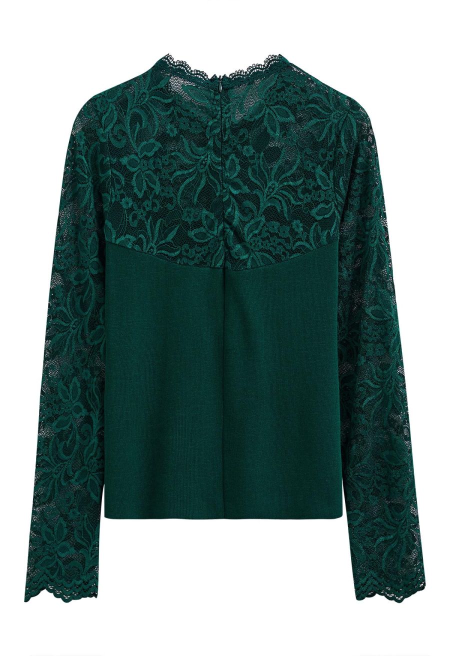 Ethereal Floral Lace Spliced Knit Top in Dark Green