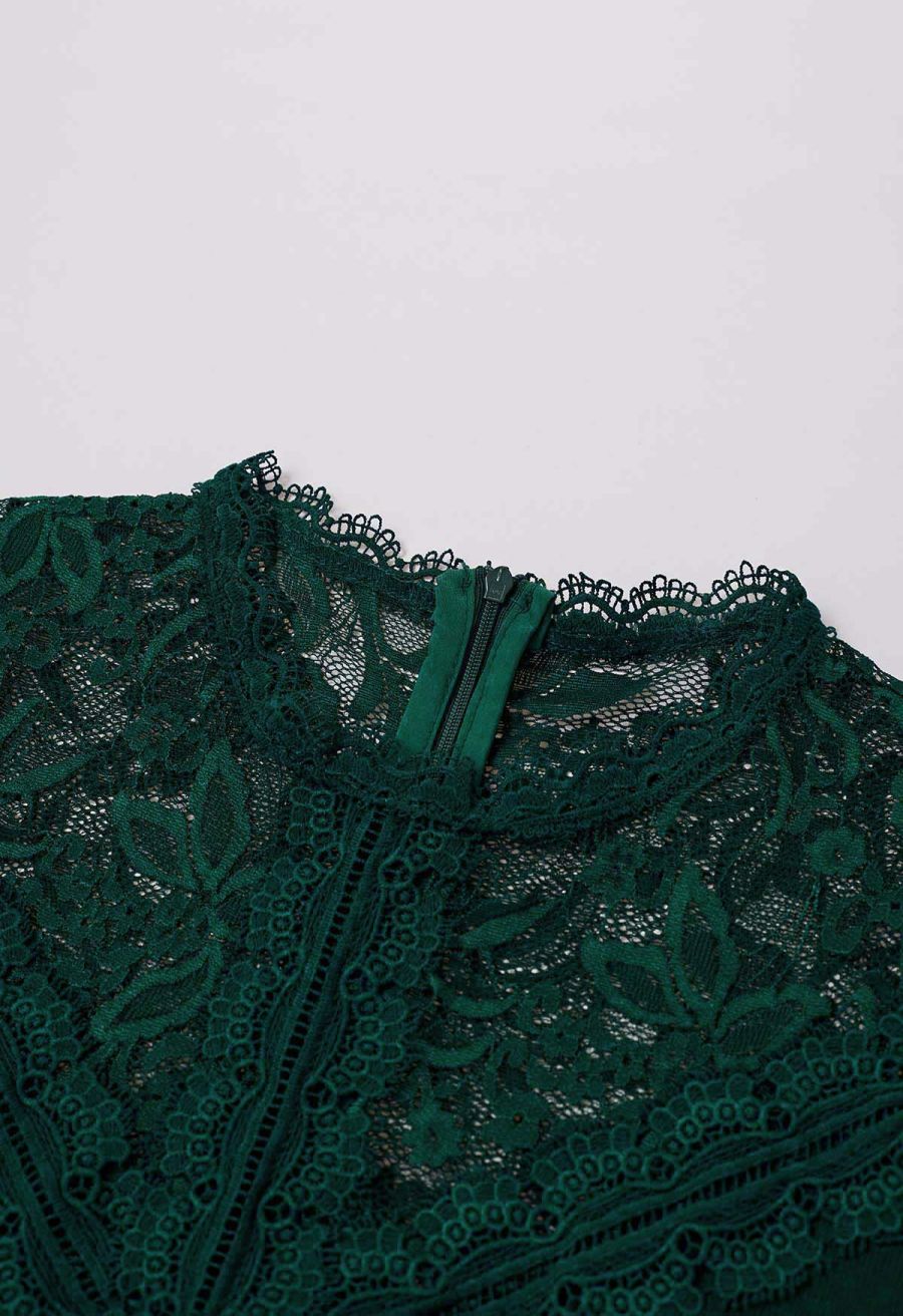 Ethereal Floral Lace Spliced Knit Top in Dark Green
