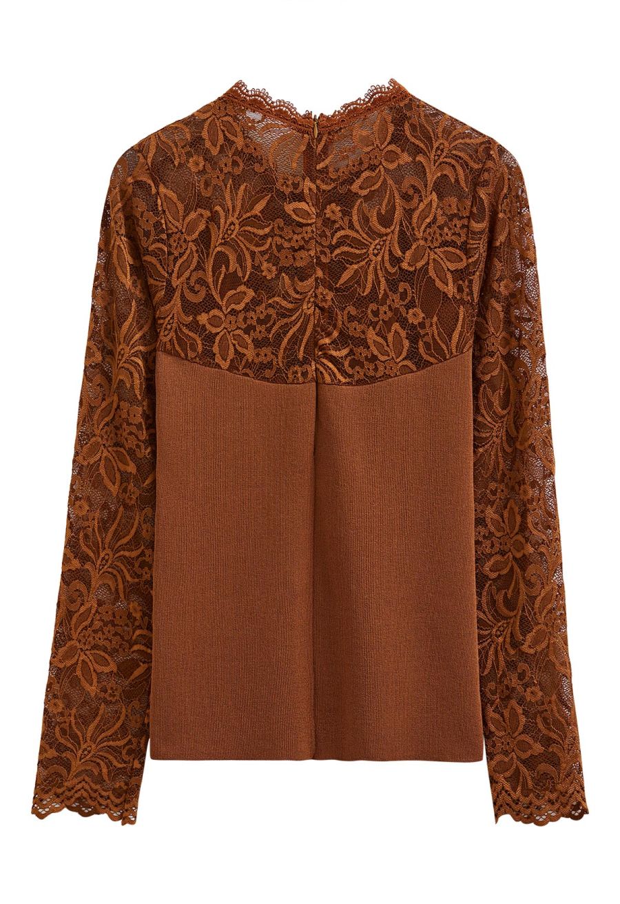 Ethereal Floral Lace Spliced Knit Top in Caramel