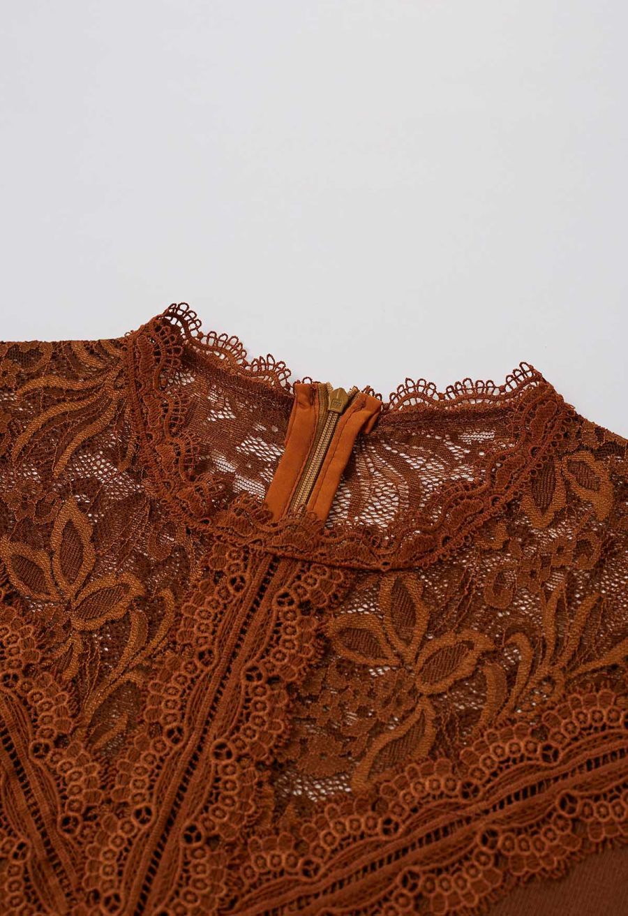 Ethereal Floral Lace Spliced Knit Top in Caramel