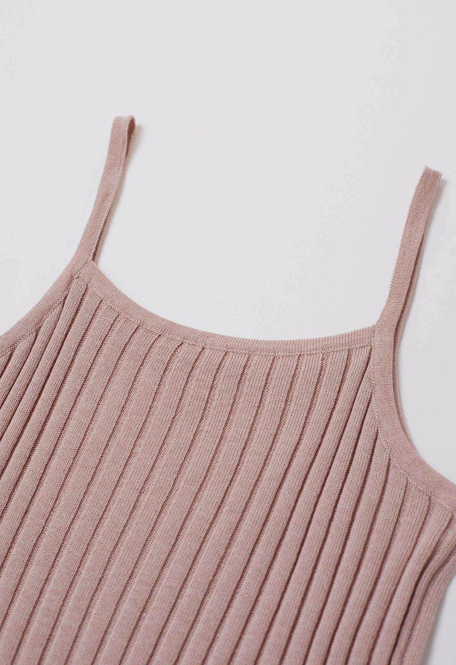 Solid Ribbed Knit Twinset Top in Pink