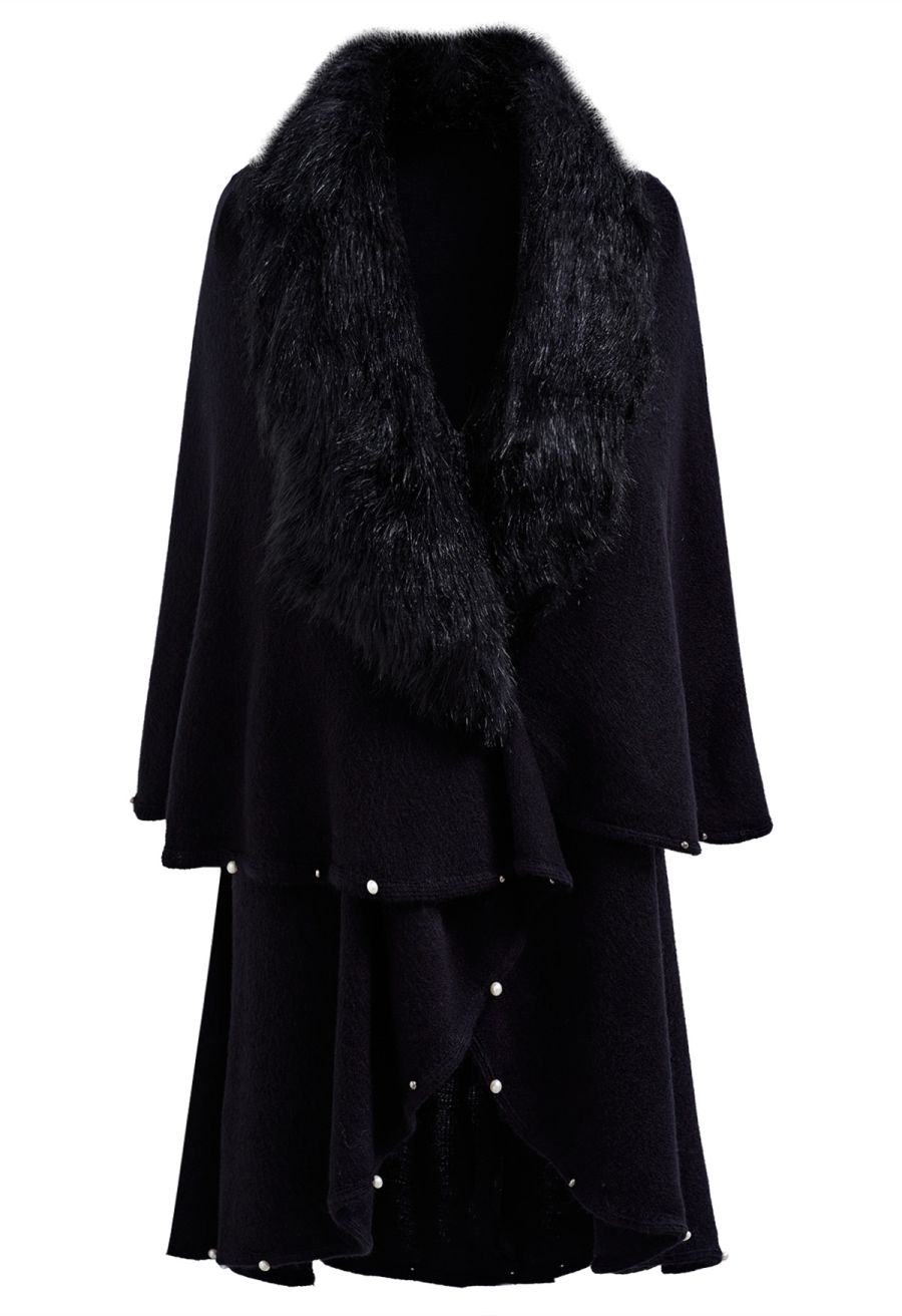 Faux Fur Beads Trim Poncho in Black