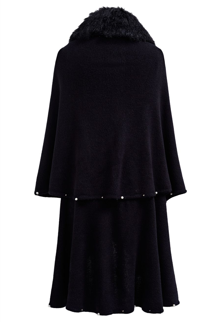 Faux Fur Beads Trim Poncho in Black