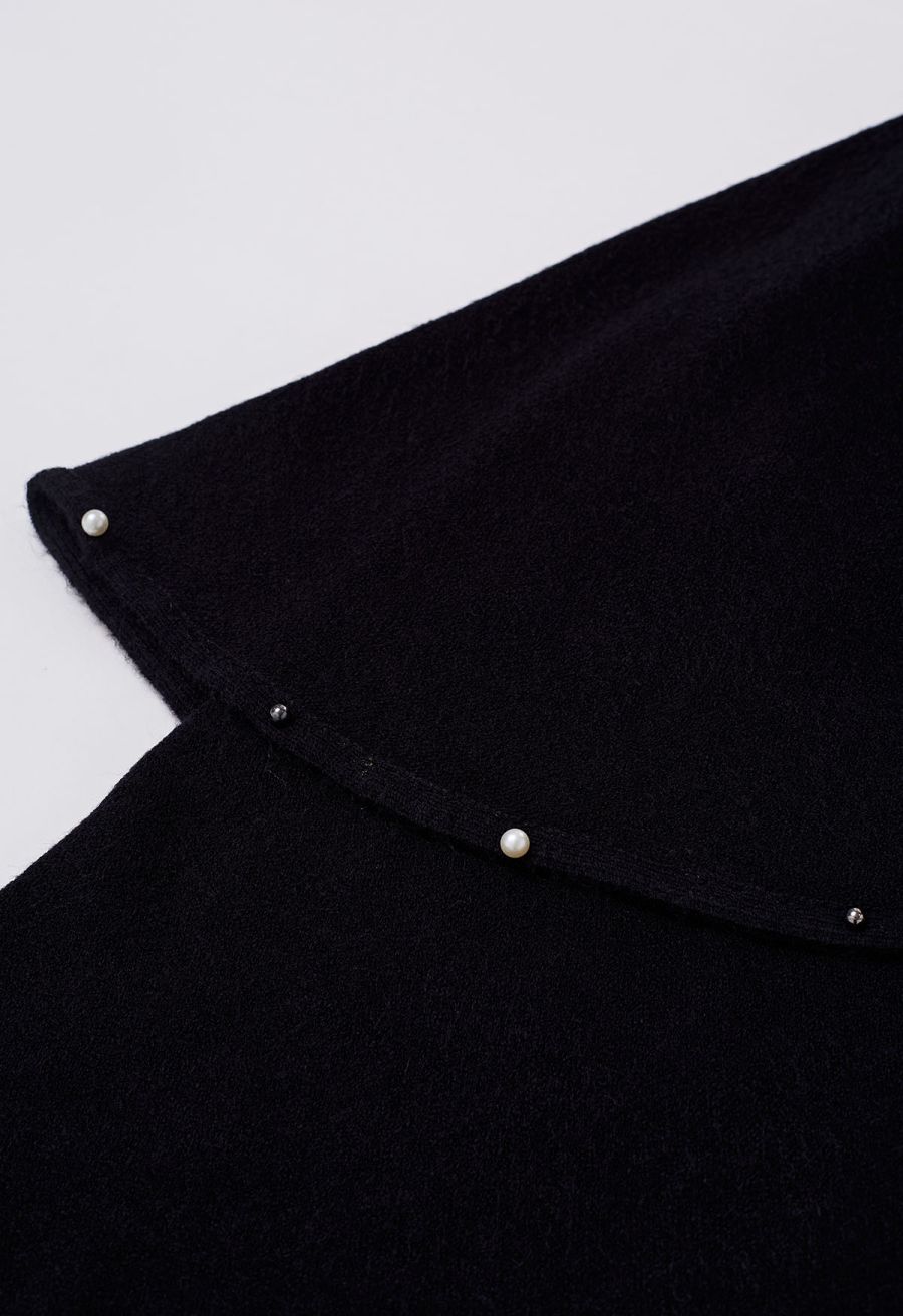 Faux Fur Beads Trim Poncho in Black