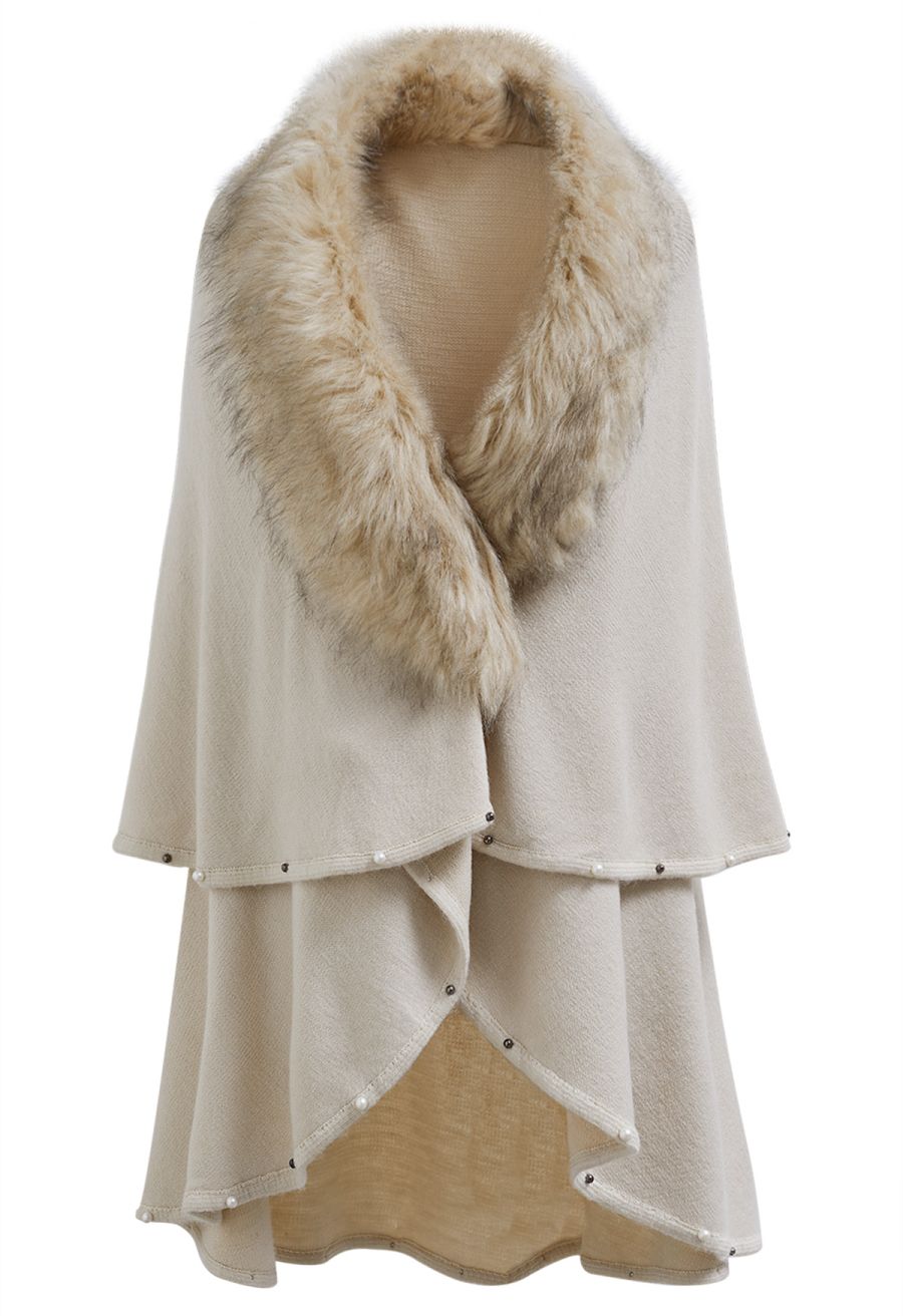 Faux Fur Beads Trim Poncho in Sand