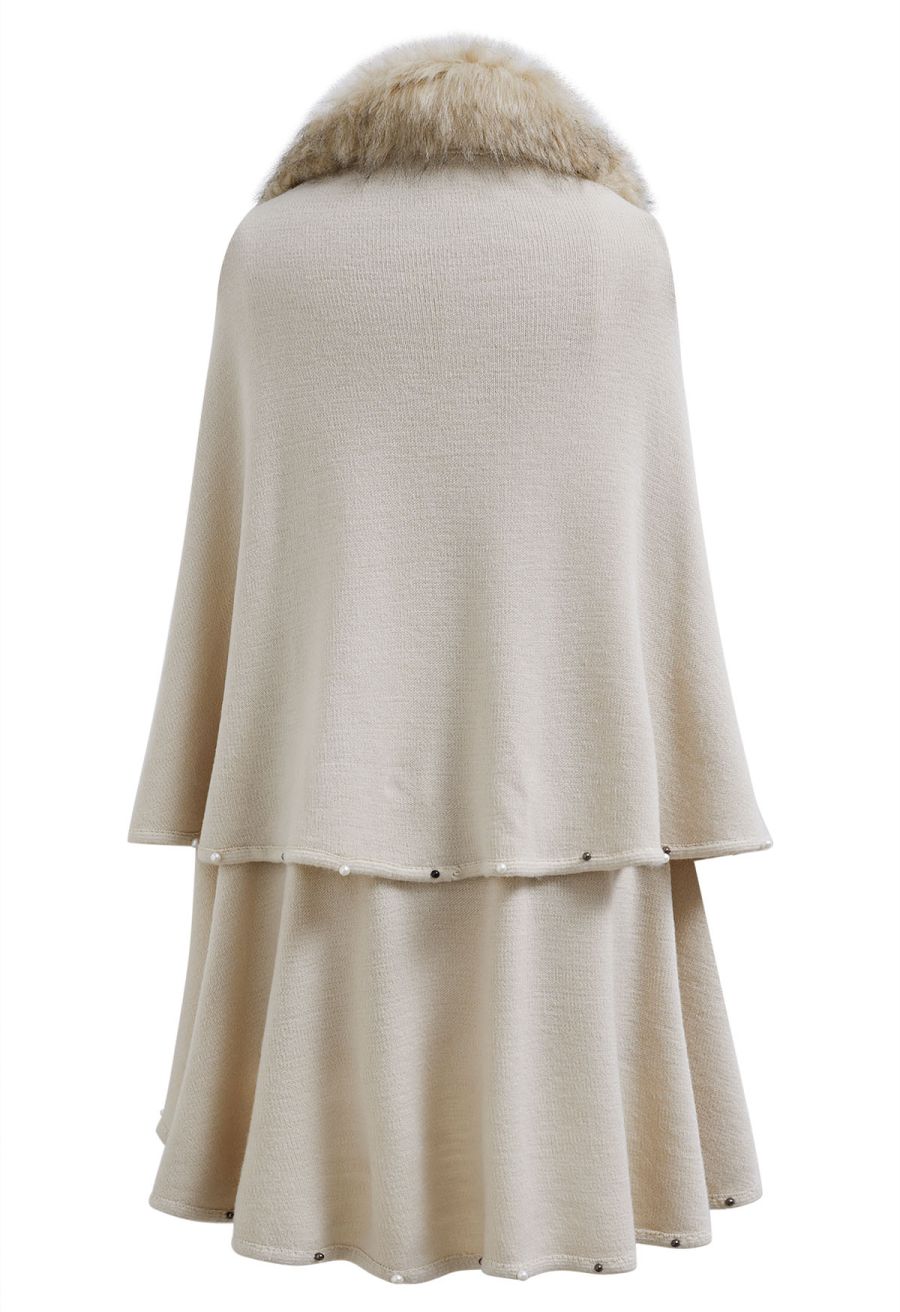 Faux Fur Beads Trim Poncho in Sand