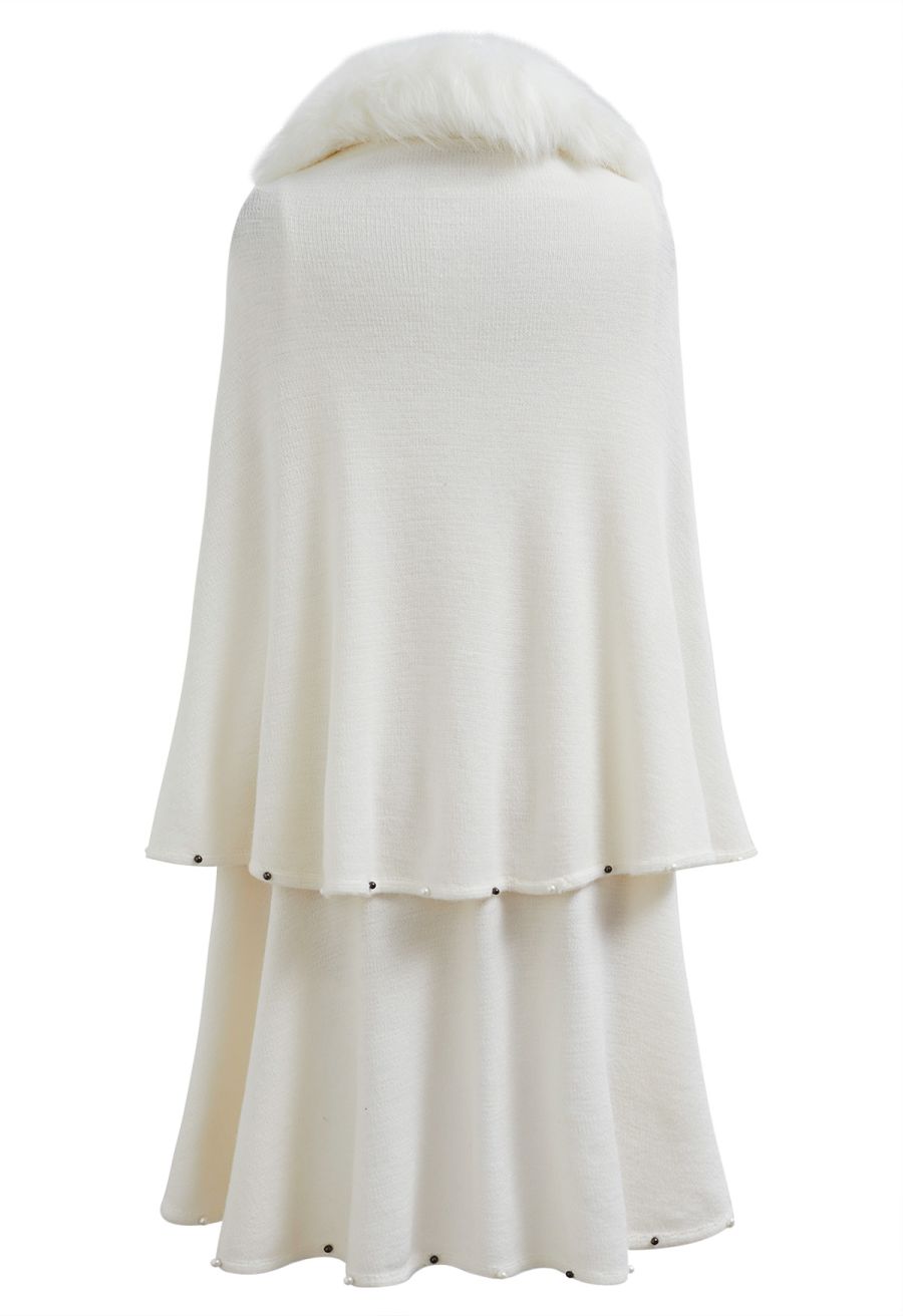 Faux Fur Beads Trim Poncho in Ivory