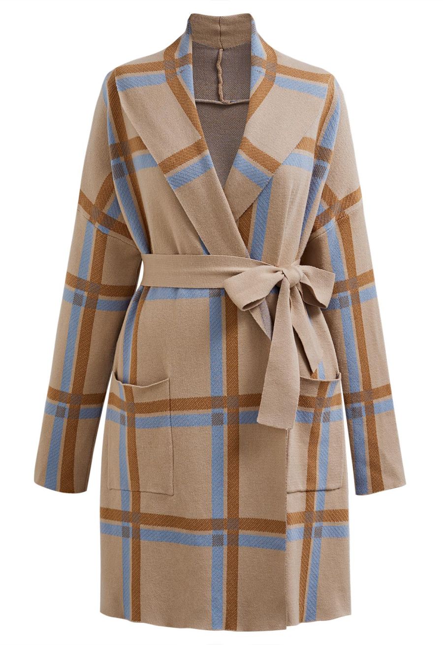 Collared Grid Pattern Tie Waist Knit Coat