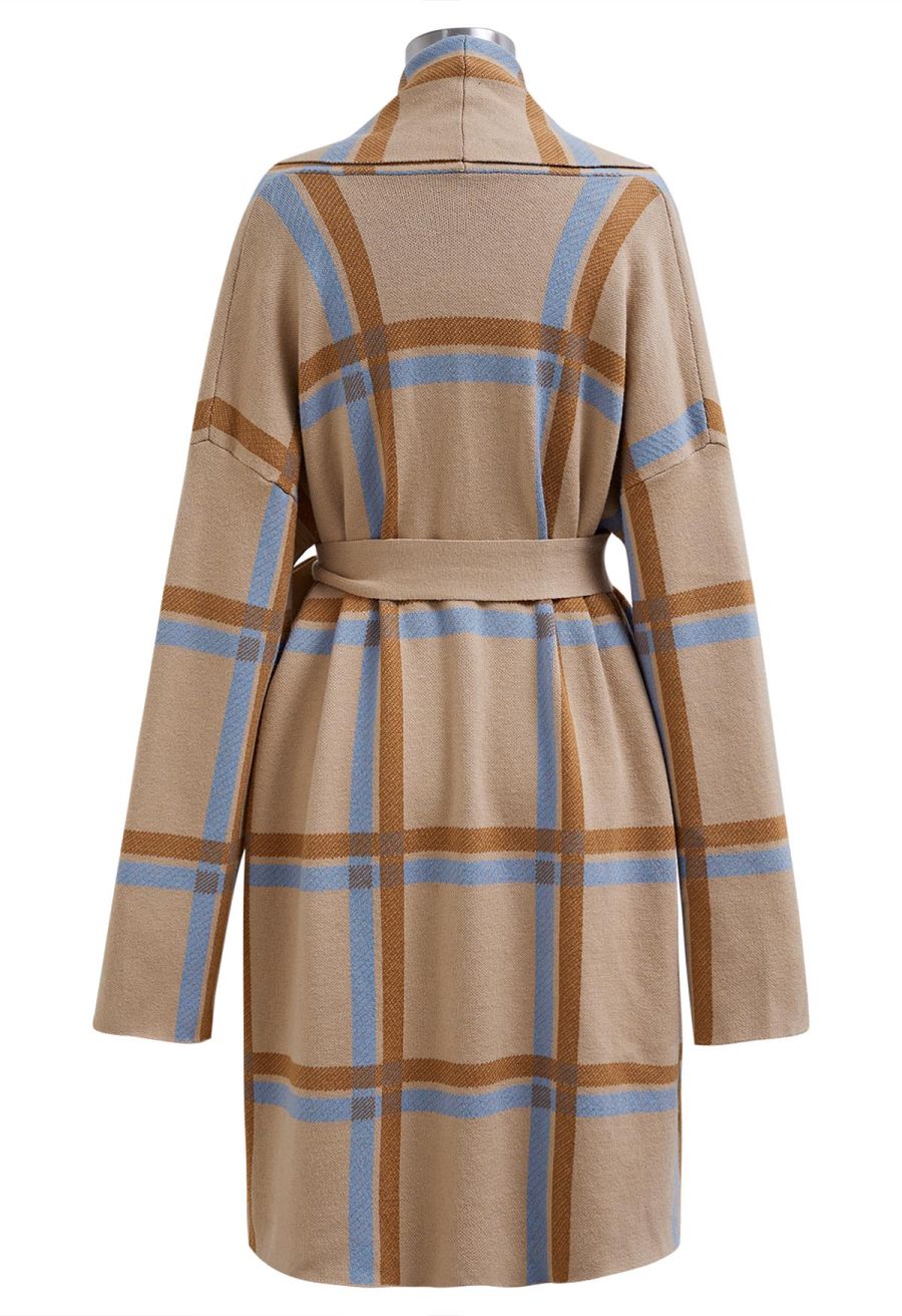 Collared Grid Pattern Tie Waist Knit Coat