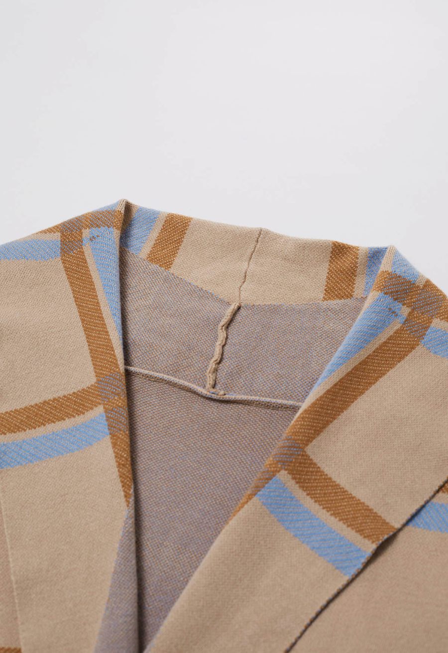 Collared Grid Pattern Tie Waist Knit Coat