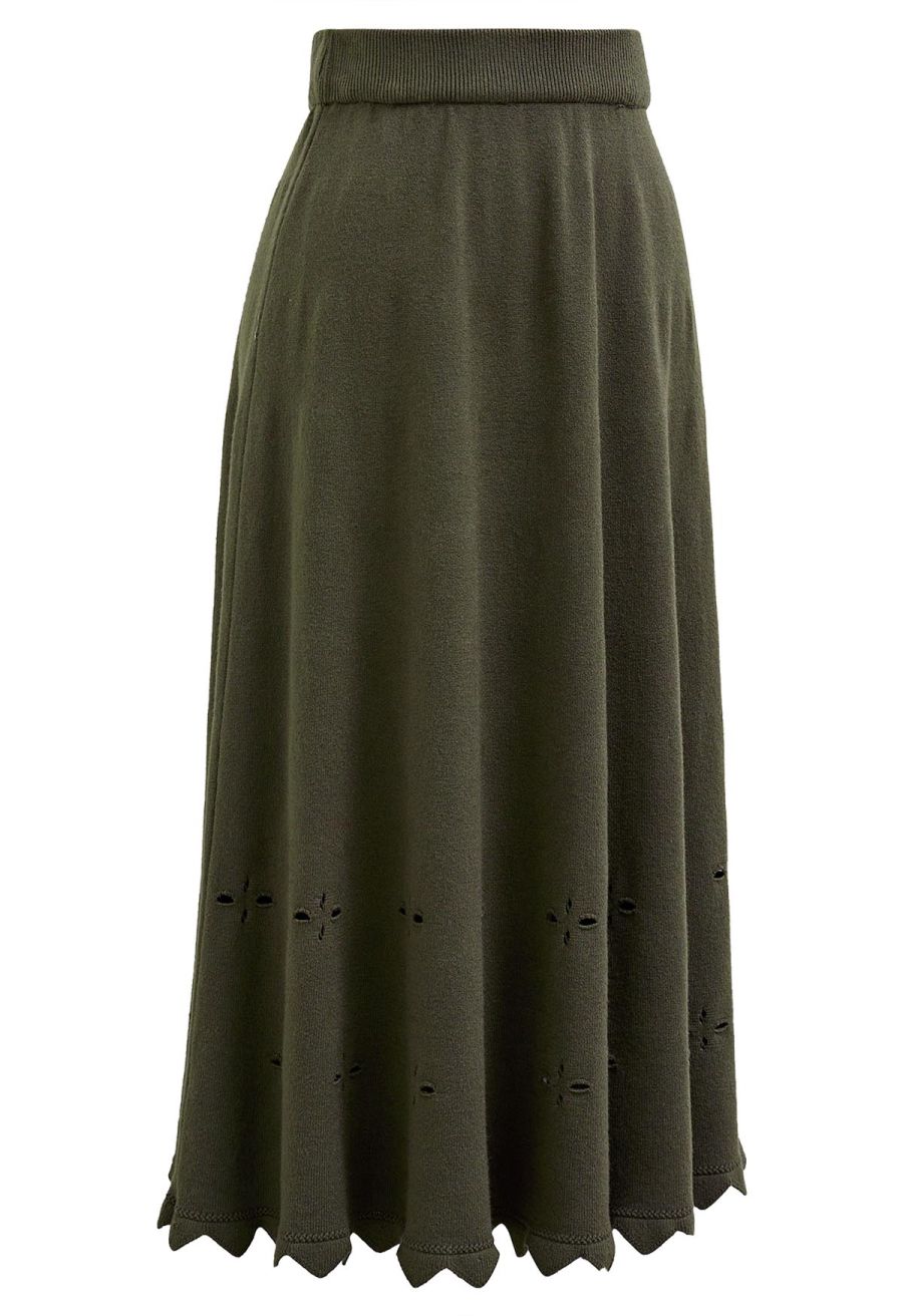 Zigzag Hemline Hollow Out Knit Midi Skirt in Army Green