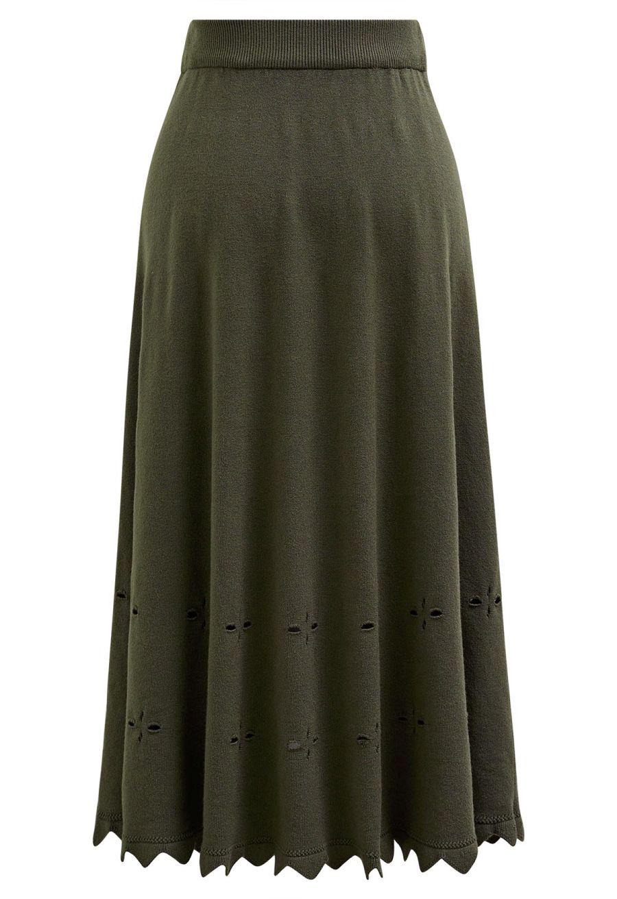Zigzag Hemline Hollow Out Knit Midi Skirt in Army Green