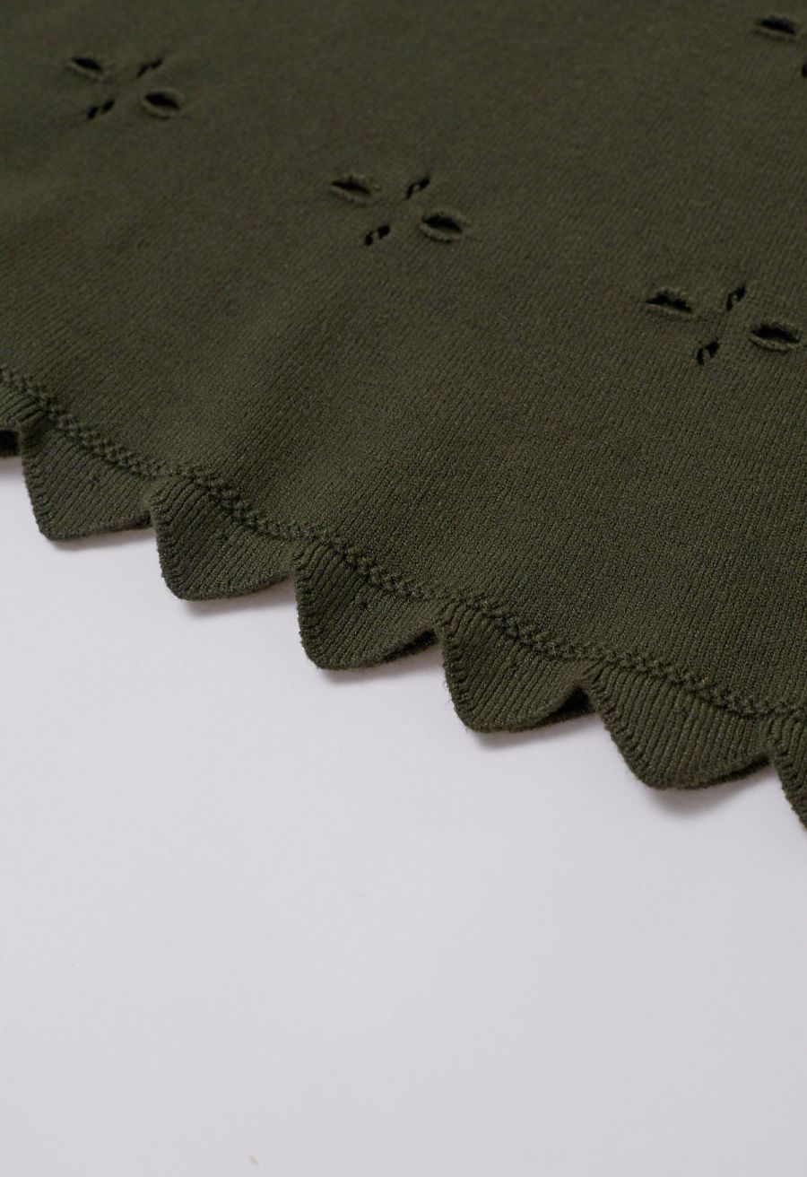 Zigzag Hemline Hollow Out Knit Midi Skirt in Army Green