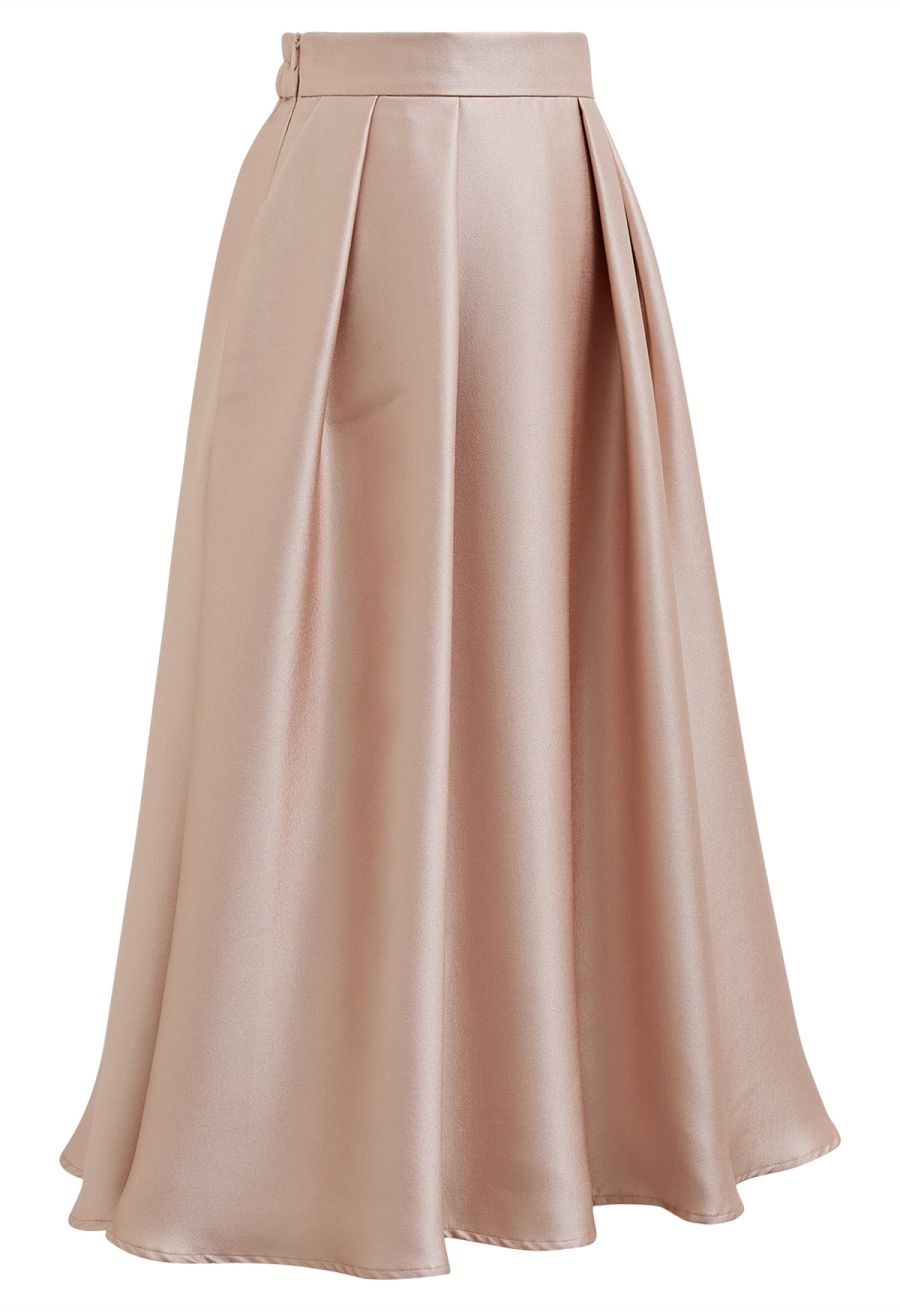 Sleek Side Pockets Pleated A-Line Midi Skirt in Coral