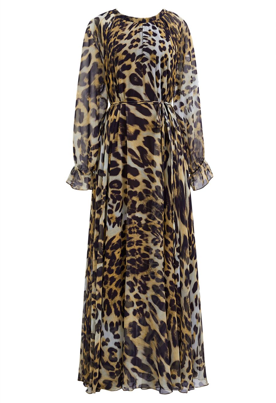 Alluring Animal Print Long-Sleeve Chiffon Maxi Dress