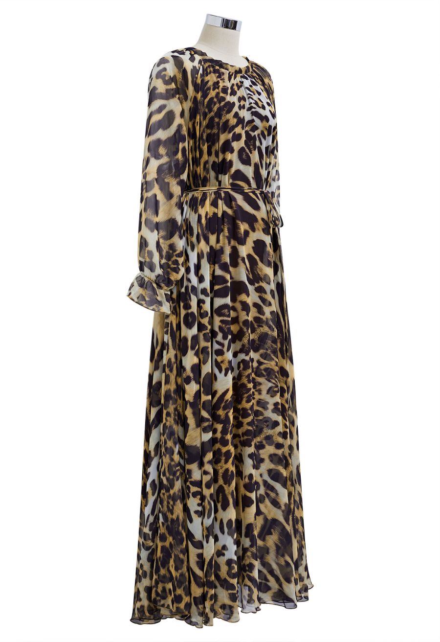 Alluring Animal Print Long-Sleeve Chiffon Maxi Dress