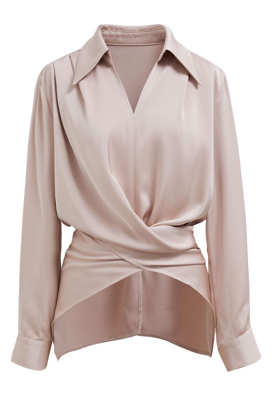 Crisscross Waist V-Neck Shirt in Dusty Pink