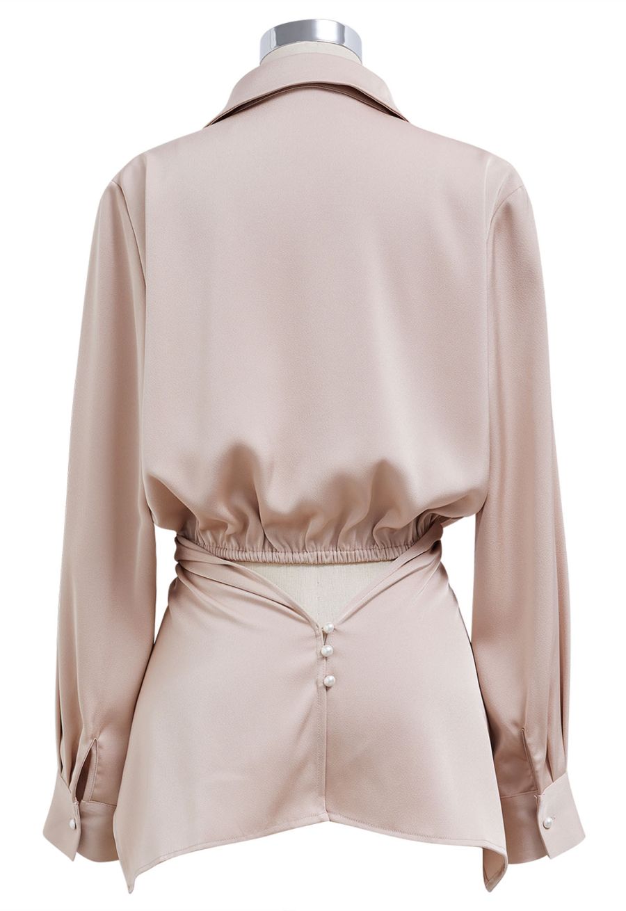 Crisscross Waist V-Neck Shirt in Dusty Pink
