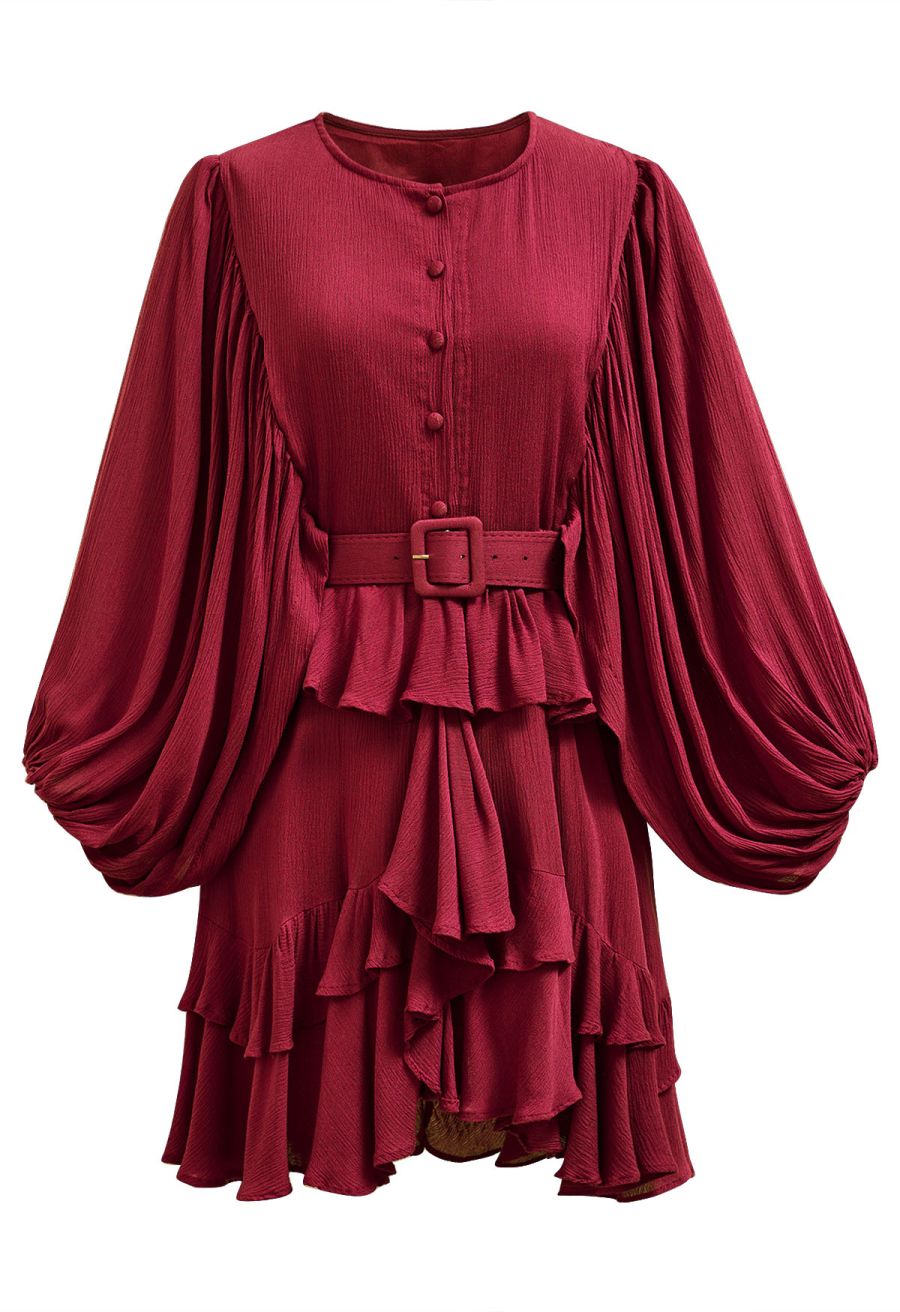 Exaggerated Bubble Sleeve Belted Ruffle Dress in Red