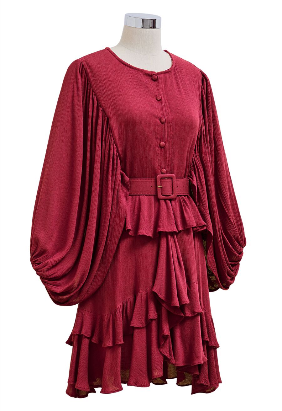 Exaggerated Bubble Sleeve Belted Ruffle Dress in Red