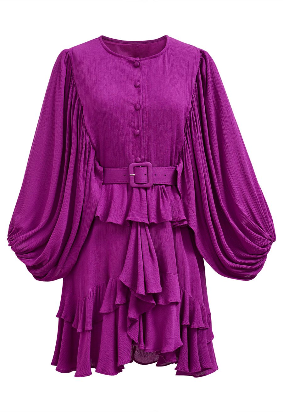 Exaggerated Bubble Sleeve Belted Ruffle Dress in Magenta