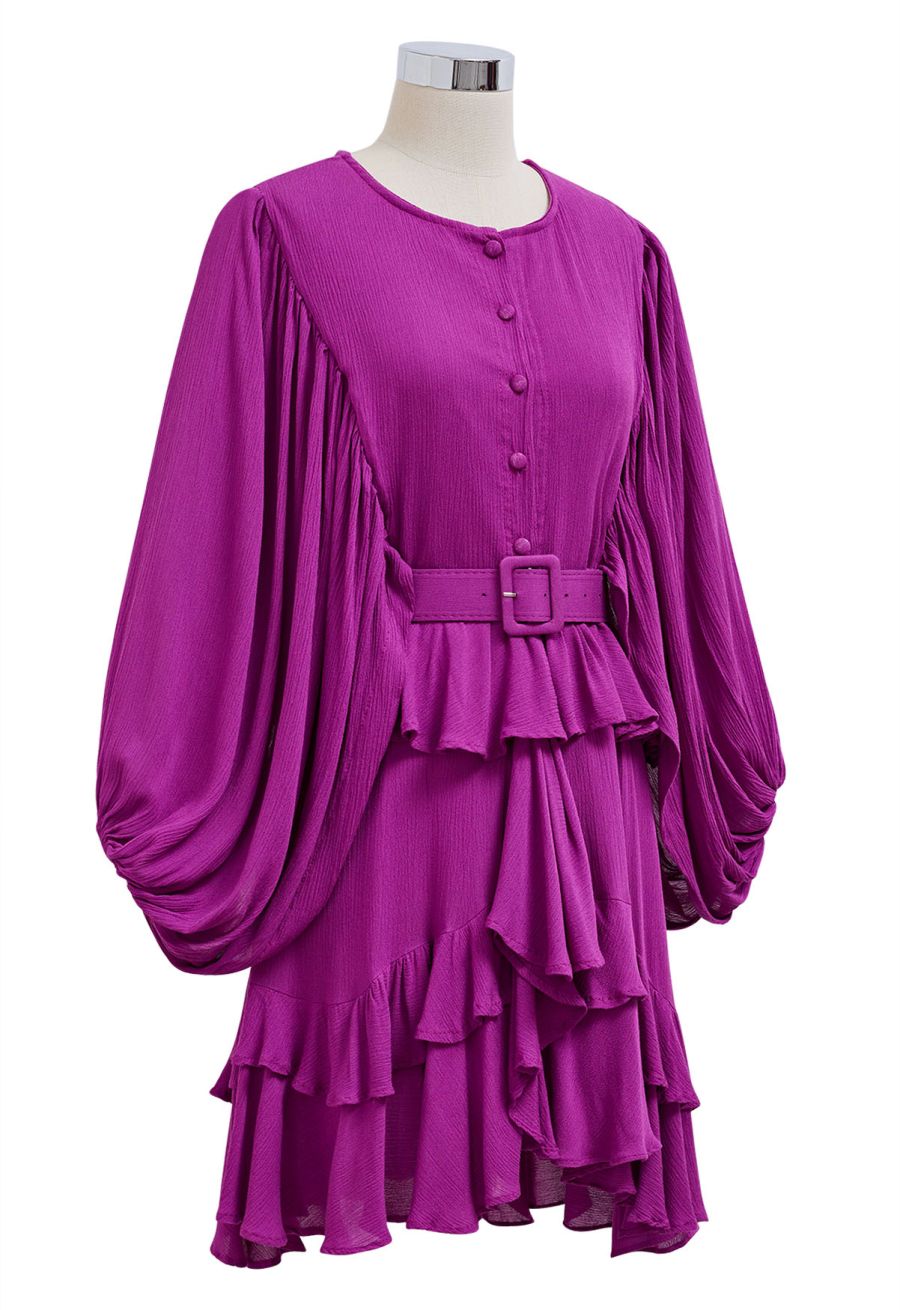 Exaggerated Bubble Sleeve Belted Ruffle Dress in Magenta