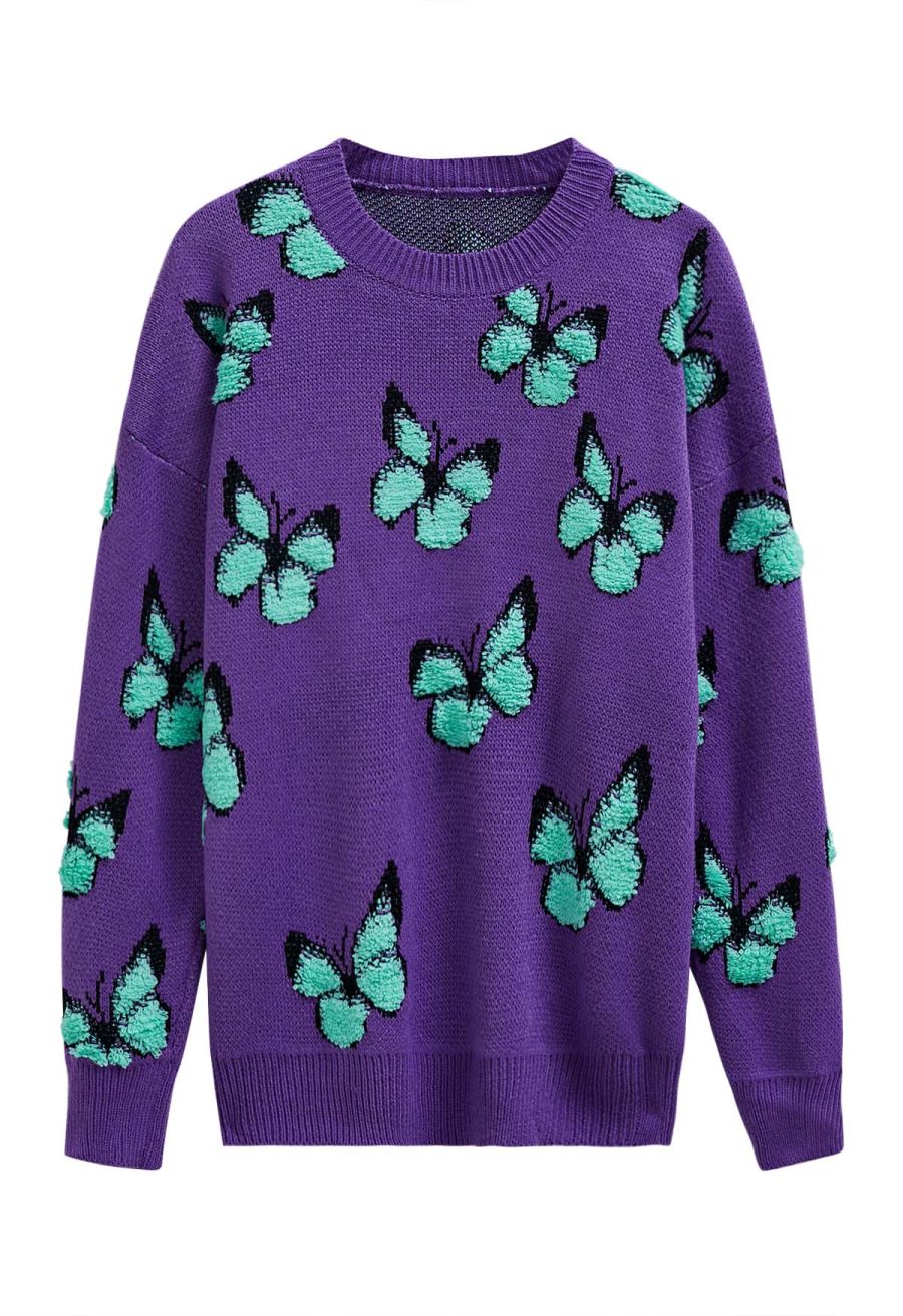 Balletic Butterfly Ribbed Knit Sweater in Purple