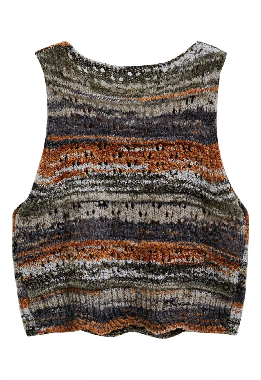 Multicolor Stripes Hollow Out Knit Vest in Camel