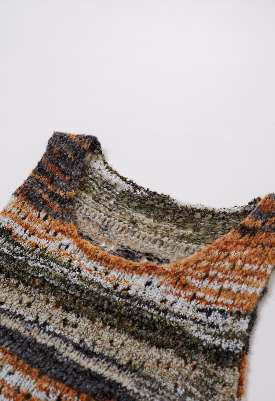 Multicolor Stripes Hollow Out Knit Vest in Camel