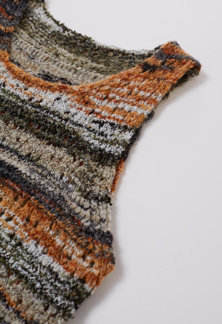 Multicolor Stripes Hollow Out Knit Vest in Camel