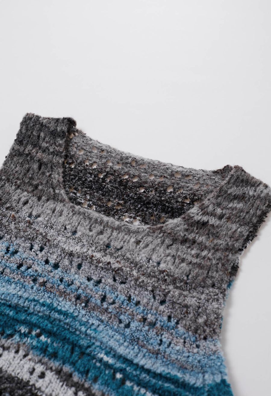 Multicolor Stripes Hollow Out Knit Vest in Blue